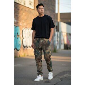 MNML Brown & Green Camo Cargo Pants L Relaxed Fit Straight Leg 100% Cotton Made